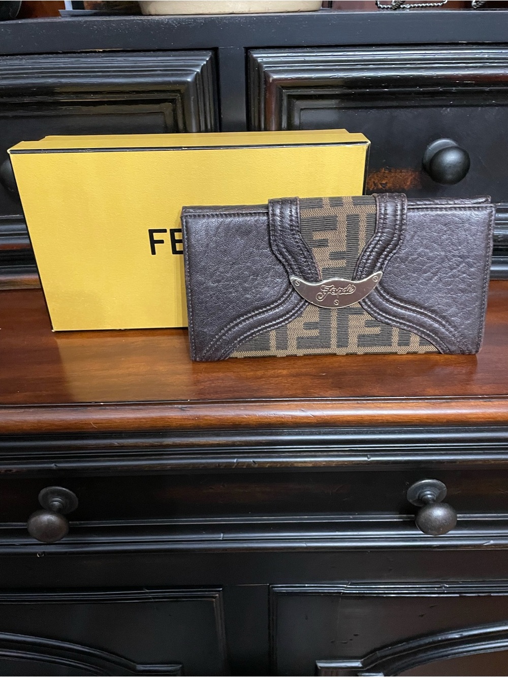 Fendi Brown Leather and Zucca Canvas Continental Wallet with Gold Plaque - Picture 12 of 13